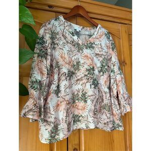 J. Jill Love Linen V Neck Flounce Sleeve Top Soft Rose Cheerful Palms size M